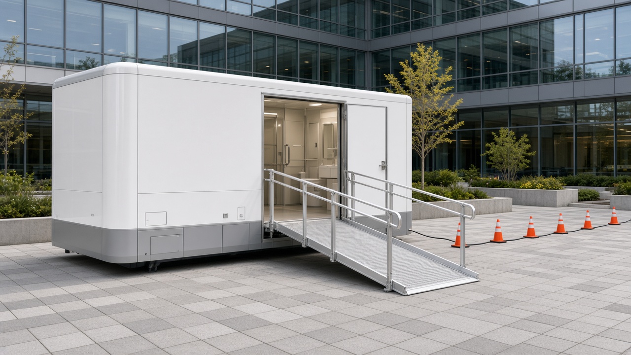 ADA Hydraulic Lowering Restroom Trailer at Corporate Office Remodel